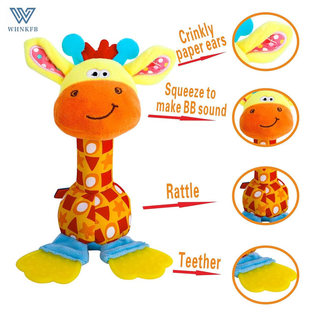 Baby Teether Rattle Toy, Soft Giraffe Plush Stroller Toy with Crinkle Sound