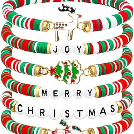 6-Pack Christmas Bracelets for Girls – Polymer Clay Jewelry Set for Merry Christmas Gifts