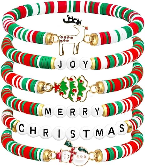 6-Pack Christmas Bracelets for Girls – Polymer Clay Jewelry Set for Merry Christmas Gifts