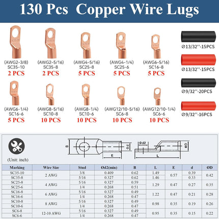 130 Pcs Copper Wire Lugs Kit AWG 2-12 Battery Cable Ends Heat Shrink Terminals