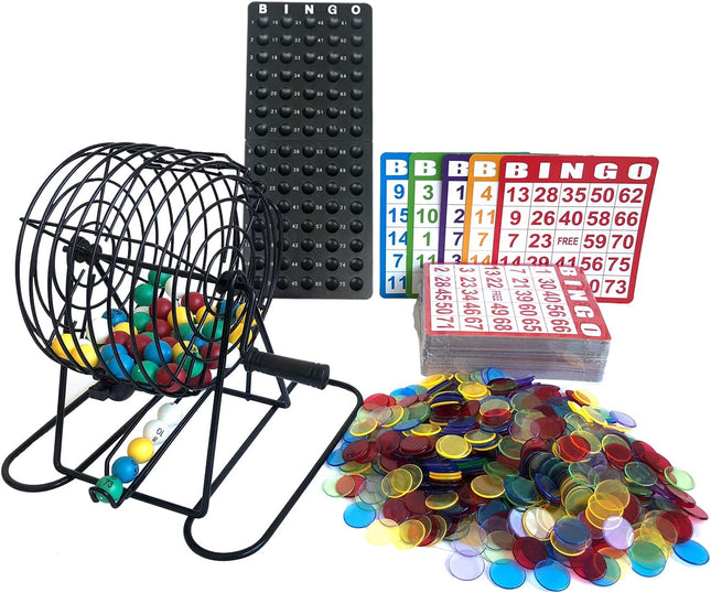 Deluxe Bingo Game Set Metal Cage 500 Chips 100 Cards 75 Balls Party Game