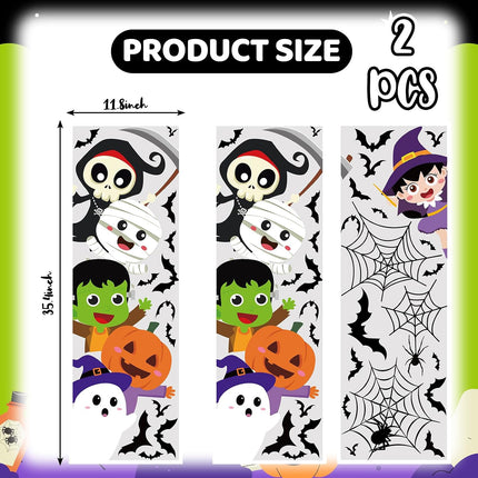 2-Sheet Halloween Door Stickers, Pumpkin Ghost Skull Witch Wall Decals, 35.4x11.8in
