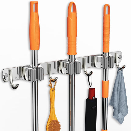 Mop & Broom Holder – Wall Mount Organizer with 3 Racks & 4 Hooks