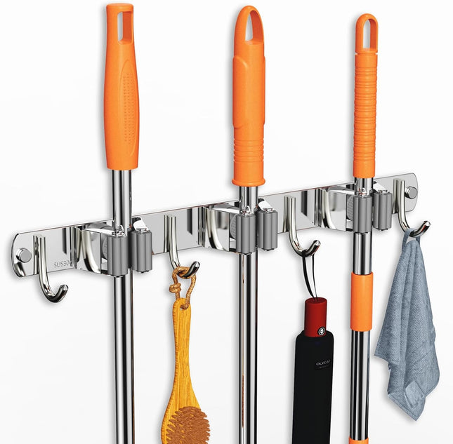 Mop & Broom Holder – Wall Mount Organizer with 3 Racks & 4 Hooks