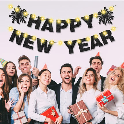 Happy New Year Party Banner – Black Glitter Light Up Decorations for NYE