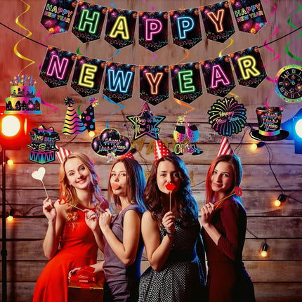 Happy New Year 2025 Neon Party Banner & Hanging Swirls – NYE Decor
