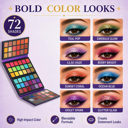 72-Color Eyeshadow Palette, 4-in-1 Matte Shimmer Glitter, Highly Pigmented & Blendable