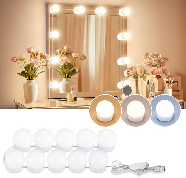 LED Hollywood Vanity Lights – 10 Dimmable Bulbs, Adjustable Color & Brightness