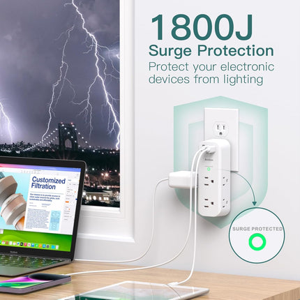 Rotating 6-Outlet Wall Surge Protector, 3 USB Ports (2 USB-C), 1800J