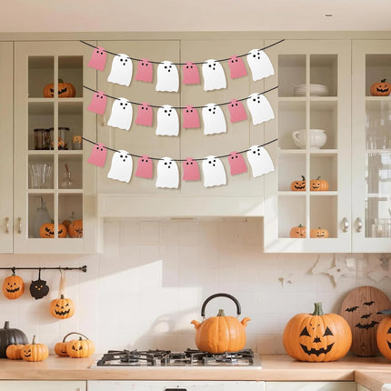 3-Pack Pink & White Halloween Ghost Banners, Hanging Garland for Home & Party Decor