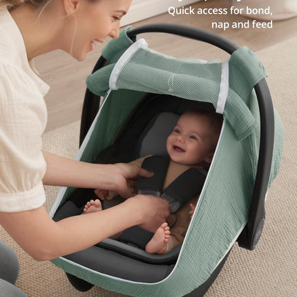 Muslin Baby Car Seat Cover Infant Canopy Roman Green Breathable Mesh Window 360°