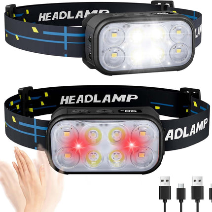 2-Pack Rechargeable LED Headlamps, 1500 Lumens, 12 Modes, Motion Sensor, Waterproof