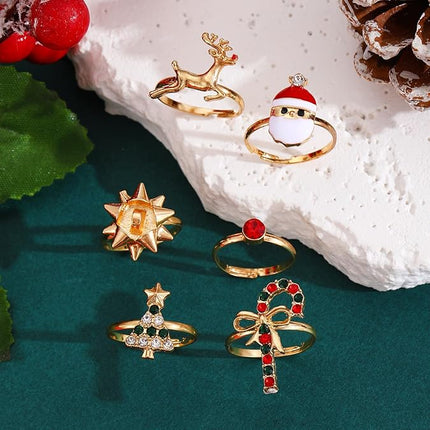 6PCS Christmas Statement Ring Set | Tree, Santa & Reindeer Holiday Jewelry