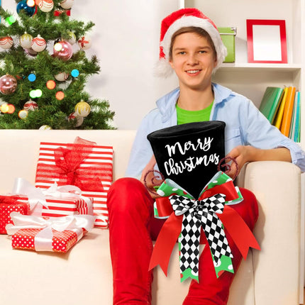 Holiday Tree Topper Top Hat – Whimsical Xmas Decor with Buffalo Check Bows