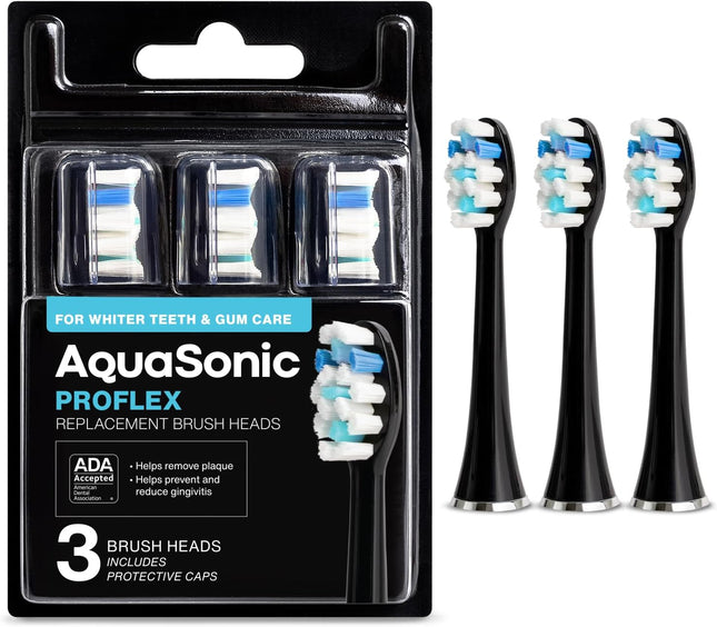 Genuine Proflex Replacement Brush Heads 3 Pack Black Compatible AquaSonic Toothbrush