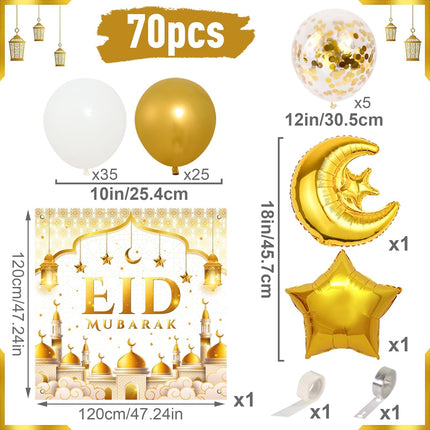 70 PCS Eid Mubarak Decorations – White & Gold Balloons, Moon & Star Foil