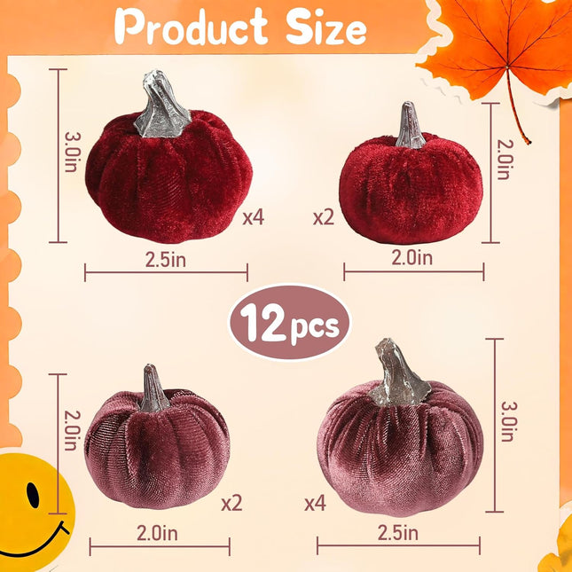 Burgundy Velvet Pumpkins Set of 12, Autumn Table Centerpiece & Harvest Decor