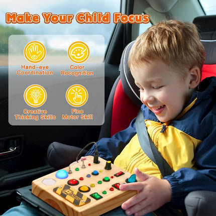 Montessori Busy Board – Wooden Sensory Toy with Switches & LED Lights
