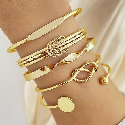 Women Gold Cuff Bracelet Set 14K Plated Multi Layer Stackable Bangles