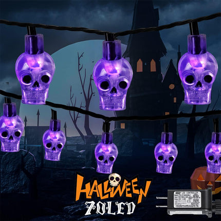 22.6FT 70LED Skull String Lights, Plug-In Purple Halloween Indoor Outdoor Decor
