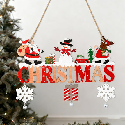 Merry Christmas Wooden Hanging Sign Ornament Santa Snowflake Jingle Bells
