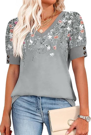 Women’s Short Sleeve Button V Neck Tops Spring Summer Dressy Casual Blouses Plus Size