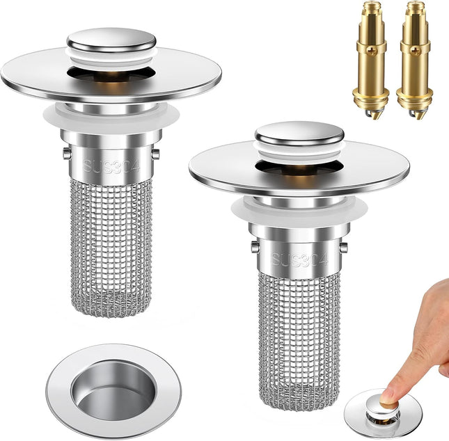 2PCS Bathroom Sink Stopper Strainer – Pop-Up with Stainless Steel Hair Catcher for Sinks & Drains