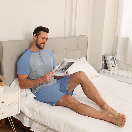 Men’s 2 Piece Henley Pajama Set Lightweight Short Sleeve Sleepwear
