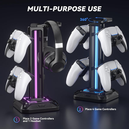 RGB Headset Stand with 9 Light Modes and Controller Holder for Gaming