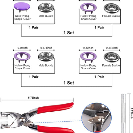 200 Set Snap Button Kit 9.5mm with Pliers Tool for Sewing DIY Crafts