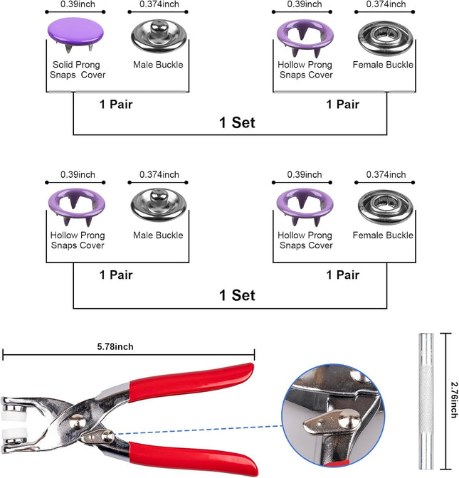 200 Set Snap Button Kit 9.5mm with Pliers Tool for Sewing DIY Crafts