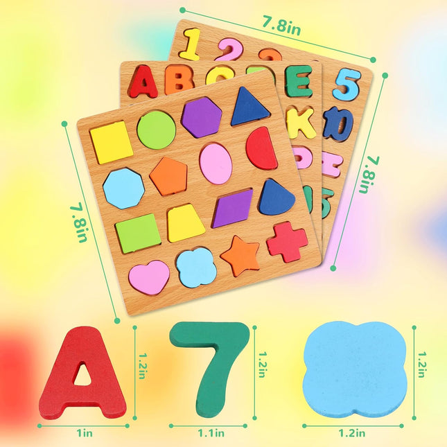 3-Pack Preschool Wooden Puzzles – Letters, Numbers & Shapes for Ages 3-5