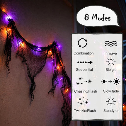 9.9FT 30LED Halloween Gauze String Lights, Orange Purple, 8 Modes & Timer
