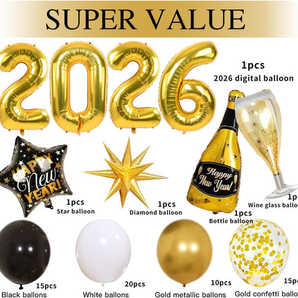 Happy New Year 2026 Balloon Garland Kit – Black & Gold Party Decorations