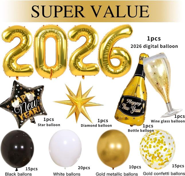 Happy New Year 2026 Balloon Garland Kit – Black & Gold Party Decorations