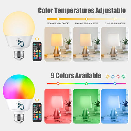 2 Pack E26 Rechargeable LED Light Bulbs with Remote Timer Magnetic Base RGB Colours