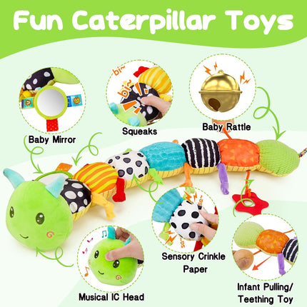 Baby Sensory Toys 0-6 Months, Musical Plush Caterpillar with Mirror & Rattle