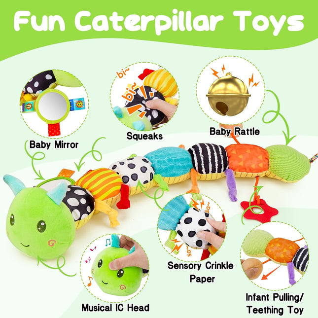 Baby Sensory Toys 0-6 Months, Musical Plush Caterpillar with Mirror & Rattle