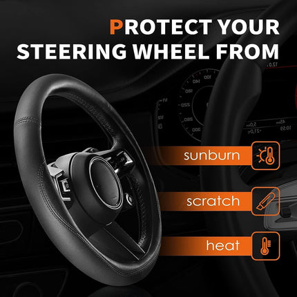 Car Steering Wheel Cover – Universal Fit, Leather with Anti-Slip Lining, 14.5"-15" Diameter