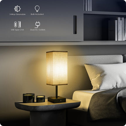 Set of 2 Bedside Table Lamps Touch Dimmable USB C+A Charging Ports AC Outlets