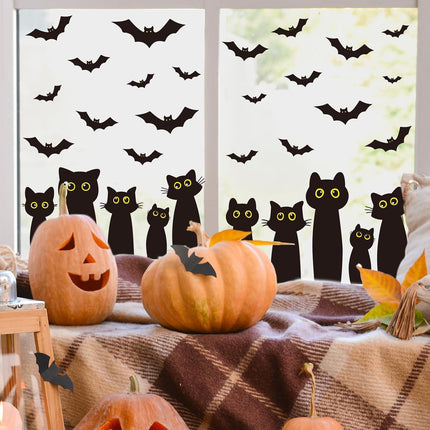6-Sheet Halloween Black Cat Window Clings, Reusable Cat & Bat Silhouette Decals
