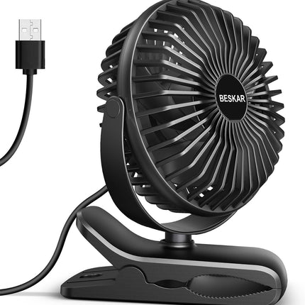 Small Clip-On Fan, USB Powered, 3 Speeds, Strong Airflow for Desk Use