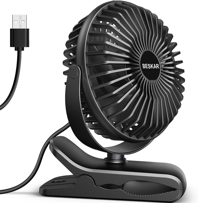 Small Clip-On Fan, USB Powered, 3 Speeds, Strong Airflow for Desk Use