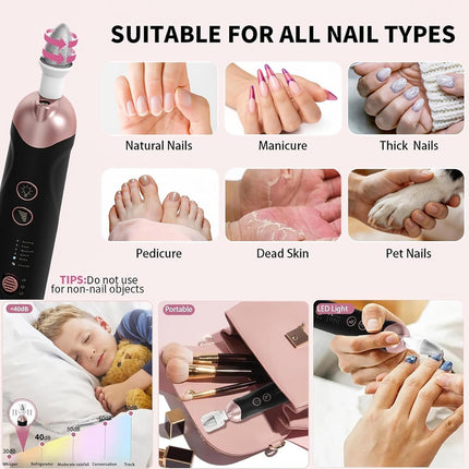 Electric Nail File 20000RPM, Cordless Toenail Grinder with LED Light, 9 Bits