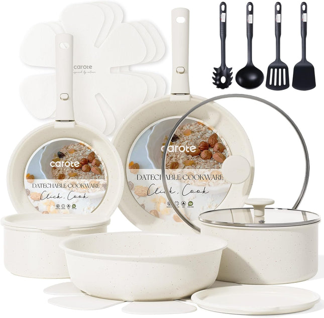 19pcs Nonstick Pots and Pans Set with Detachable Handles, Induction & Oven Safe