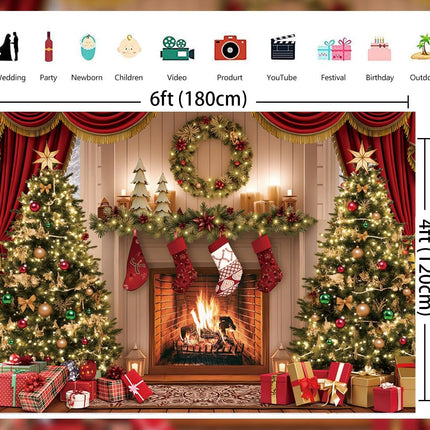 Christmas Photography Backdrop – 6x4FT Tree & Fireplace Winter Party Banner