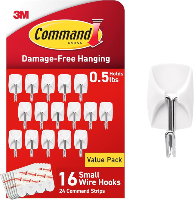 16-Pack Small Wire Hooks with Adhesive Strips – Damage-Free Hanging