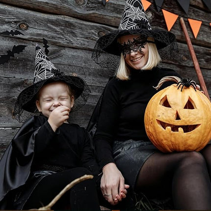 Foldable Lace Witch Hat with Spider Web Veil, Halloween Costume & Party Accessory