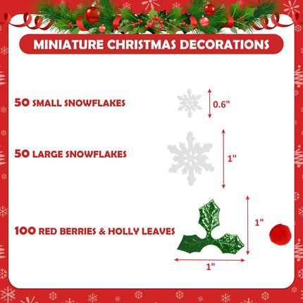 200PCS Mini Christmas Decorations | Snowflakes, Holly & Red Berries for Crafts