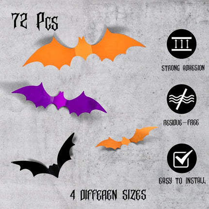 72-Piece 3D Halloween Bat Wall Stickers, 4 Sizes, PVC Indoor Outdoor Decor